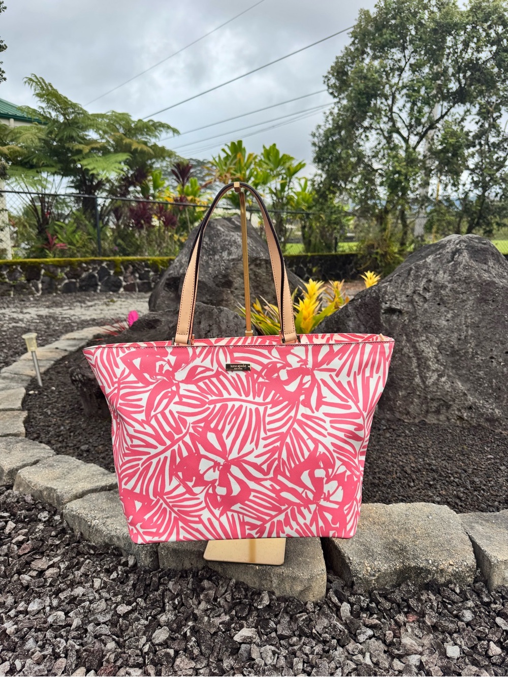 Kate Spade Pink White Tropical Floral Large Zip Tote Shoulder Bag